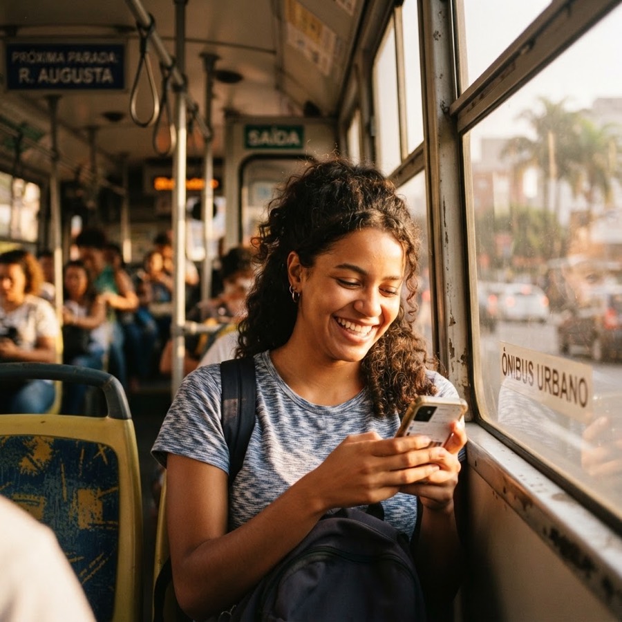 Passageira sorrindo enquanto usa o celular no ônibus
